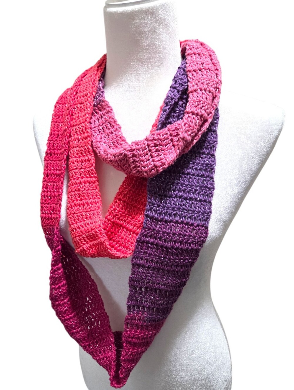 Handmade Double Crochet Colorful Infinity Scarf Pink Purple Ombre Sparkle Cotton - Picture 4 of 12